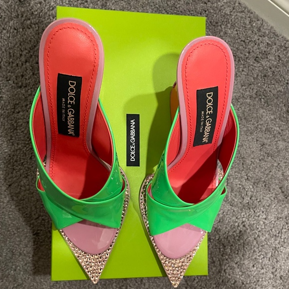 DOLCE & GABBANA Tapered-Heel Green Pink Leather Open-Crystal Toe Leather Sandals - Picture 3 of 15